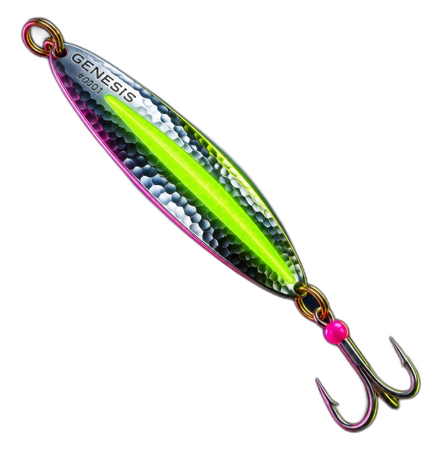 The Gen1 trolling spoon: a hex-hammered chrome blade with a glowing green centre spine and a treble hook.